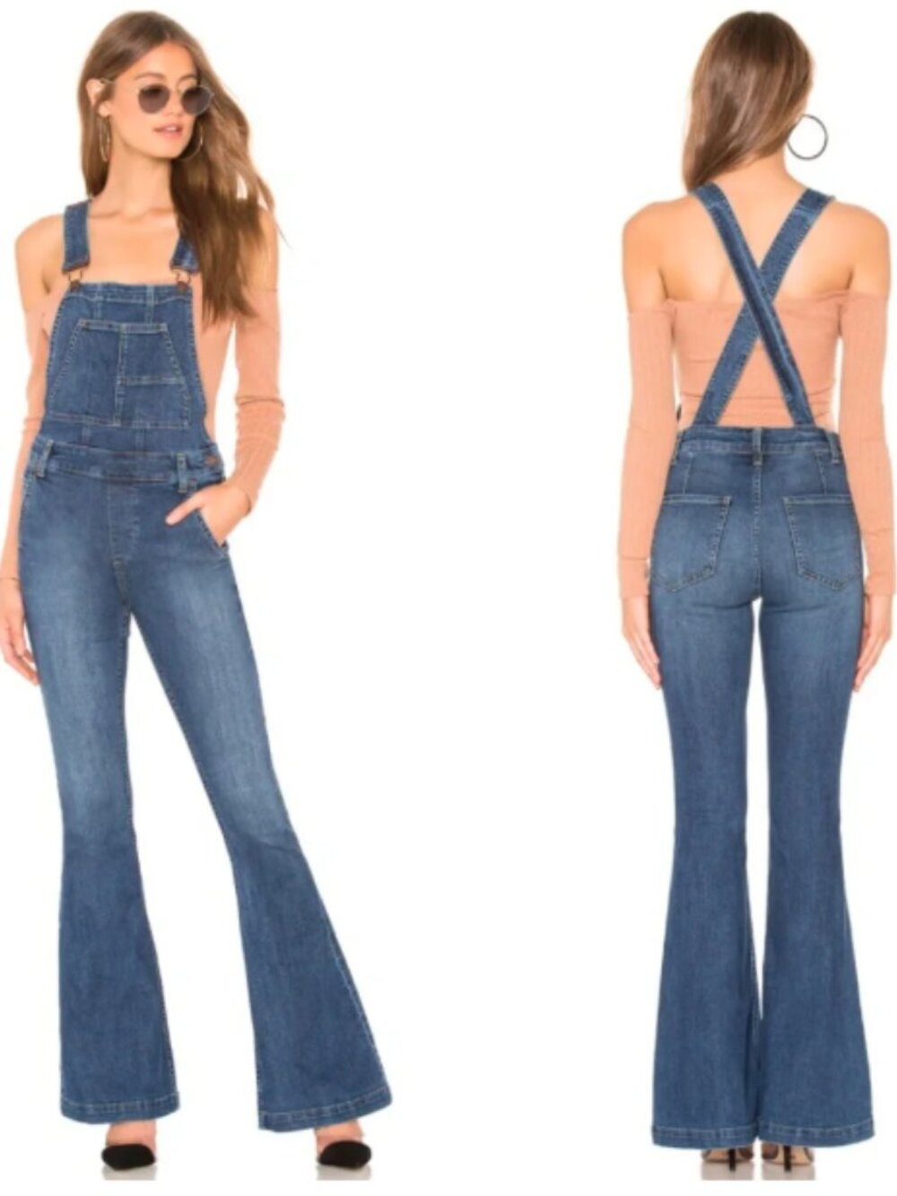 We The Free Free People Carly Blue Denim Flare Overalls Size 30